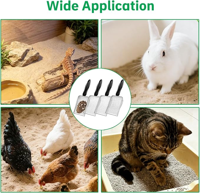 4 Pack Chicken Poop Scooper, 4" Metal Mesh Shovel | 2.0mm/2.8mm/3.8mm/5mm Holes, Chicken Coop Rake for Sand Litter, Suitable for Chickens, Cats, Rabbits, Hamsters & Reptiles