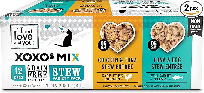 I AND LOVE AND YOU XOXOs Wet Cat Food - Chicken + Tuna Stew Variety Pack - Grain Free, Filler Free, 3oz Pack of 12 Cans