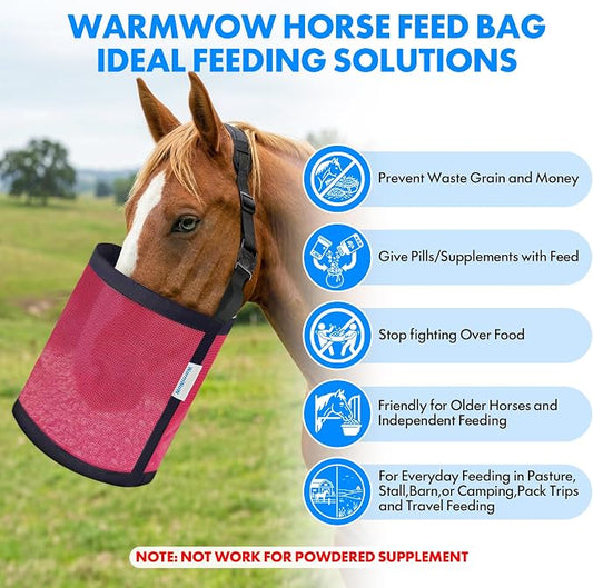 Horse Feed Bag Pack of 2 (Reinforced Bottom Edging), Feed Bags for Horses with Ventilation Mesh, Comfort Nose Pad Neck Pad, Adjustable Strap, Spill Proof Design for Feeding Grain, Supplements