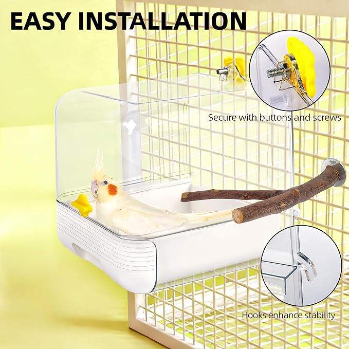 Hanging Bird Bath for Cage, with Wood Perches, Bird Cage Accessories for Small Medium Birds Lovebird, Parakeet, Cockatiel, Essential Bird 7.3" x 7.3" x 8.2" (White)