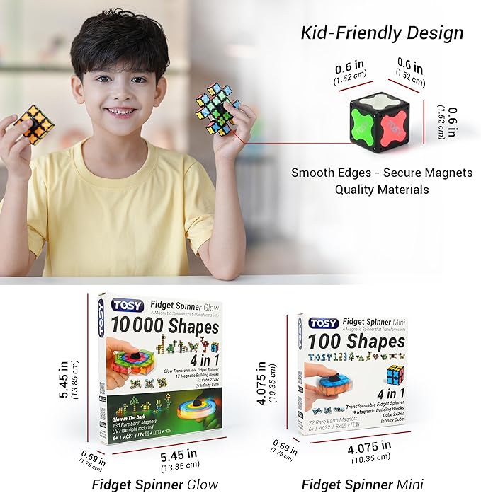 TOSY Magnet Fidget Spinner Glow - 16 Blocks, 3in1 Toy: Transformable Fidget Spinner, Infinity/Puzzle Cube, Easter Basket Stuffers Gift for Kids/Adults, Glowing STEM Sensory Stress Relief, 2-Pack
