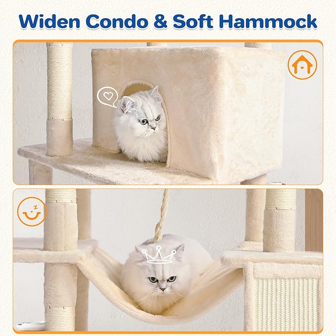 ABCPET Cat Tree Tower 63in Multi-Level Cat Tower for Indoor Cats with Sisal Scratching Posts, Condo, Hammock, Dangling Ball and Extended Platform for Cats to Play, Beige