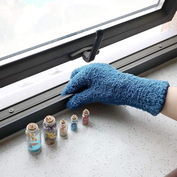 Patelai 2 Pairs Microfiber Gloves for plants Dusting Cleaning Glove Mittens House Cars Blinds Dusting(Blue, Grass Green,Large)