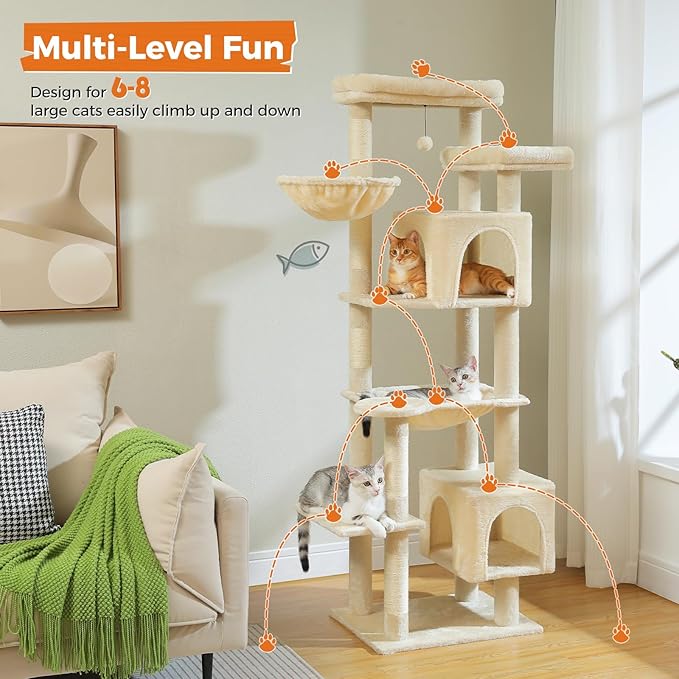 PETEPELA 69" Tall Cat Tree for Indoor Large Cats, Cat Tower for Adult Cats with Big Hammock, Cat Climbing Tree Tower with Scratching Posts, Condo House and Large Top Perch, Beige