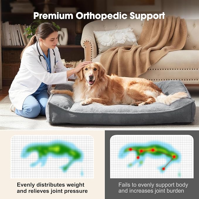 FURTIME XXL Orthopedic Dog Beds Large Sized Dog, Extra Thick Supportive Comfort Pet Sofa, Ergonomic Slant Dog Couch with Removable Washable Cover, Ultra Soft Surface & Non-Slip Bottom, Light Grey, 48"