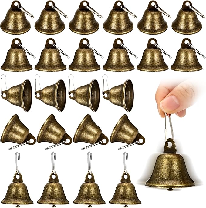 Craft Bells, 24 PCS Bronze Jingle Vintage Bells (1.7" X 1.5") with Spring Hooks, Small Brass Bell for Dog Potty Training Doorbell Wedding Decor DIY Favor Crafts Christmas Tree