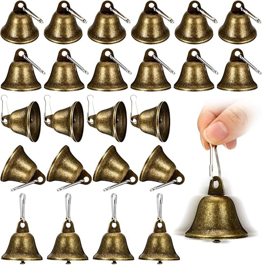 Craft Bells, 24 PCS Bronze Jingle Vintage Bells (1.7" X 1.5") with Spring Hooks, Small Brass Bell for Dog Potty Training Doorbell Wedding Decor DIY Favor Crafts Christmas Tree