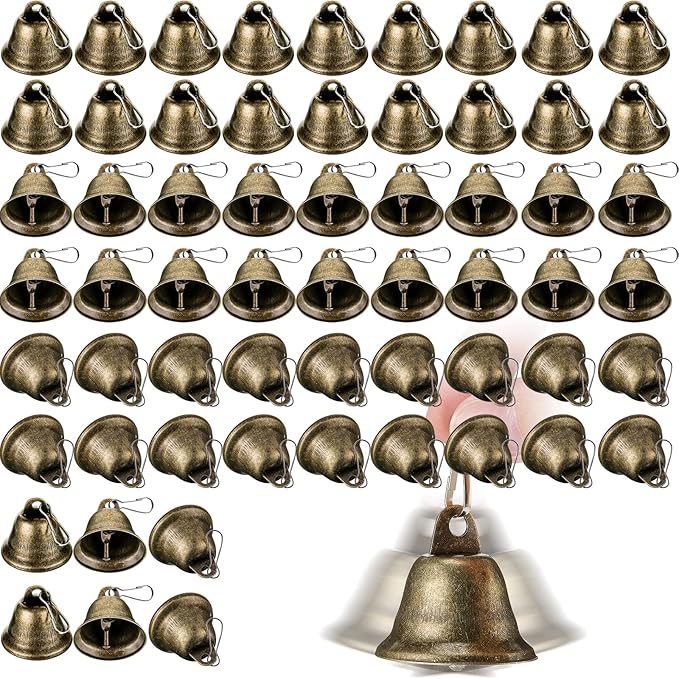 Gejoy 60 Pieces Craft Small Brass Bells for Crafts Mini Vintage Bells with Spring Hooks Tiny for Hanging Wind Chimes Making Dog Training Doorbell Wedding Decor, 1.65 x 1.5 Inch (Bronze)