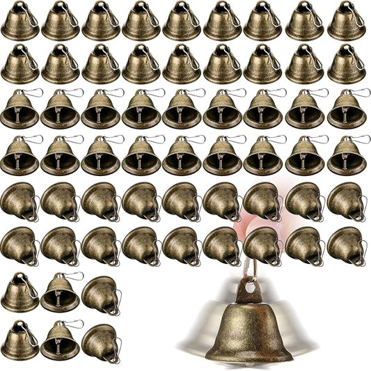 Gejoy 60 Pieces Craft Small Brass Bells for Crafts Mini Vintage Bells with Spring Hooks Tiny for Hanging Wind Chimes Making Dog Training Doorbell Wedding Decor, 1.65 x 1.5 Inch (Bronze)