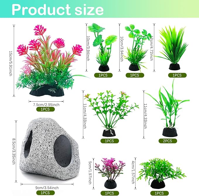SLOCME 10 Pcs Aquarium Rock Cave & Plants Set – Colorful Plastic Aquarium Plants Fish Tank Decorations, Ceramic Betta Fish Hideout Breeding Shelter