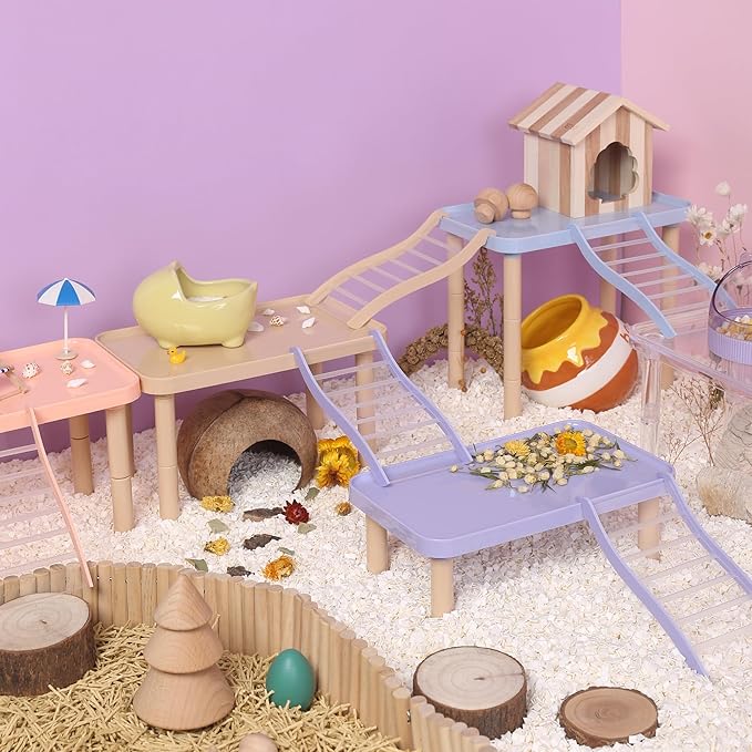 Hamster Platform - Cage Accessories and Play Decor for Dwarf Syrian Hamsters, Gerbils, Mice, Degus, and Other Small Pets (W9.8×L5.9×H3.5-6.1'',Blue)