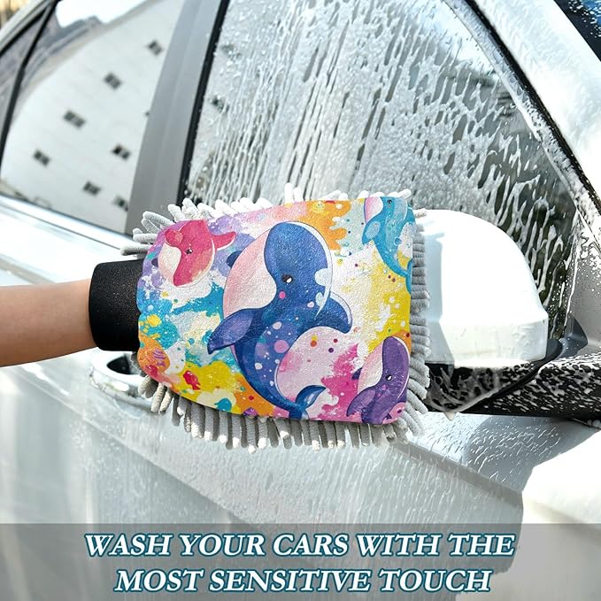 Car Wash Mitt Microfiber Wash Mitts for Car Washing Scratch-Free Cleaning Gloves Soft Non Absorbent Chenille Auto Hand Mitt Medium 2Pack Tie Dye Whales and Fishes