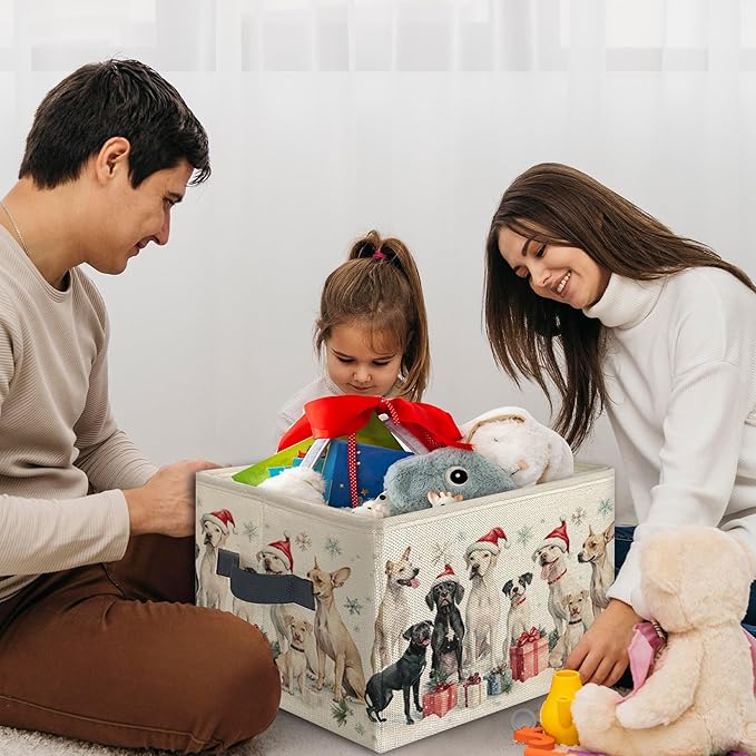 Christmas Dog Foldable Storage Bins Box with Handles, Dog Lovers Gifts, Winter Christmas Santa Dogs Snowflake Holiday Collapsible Toys Books Clothes Organizer Basket for Bedroom Bathroom