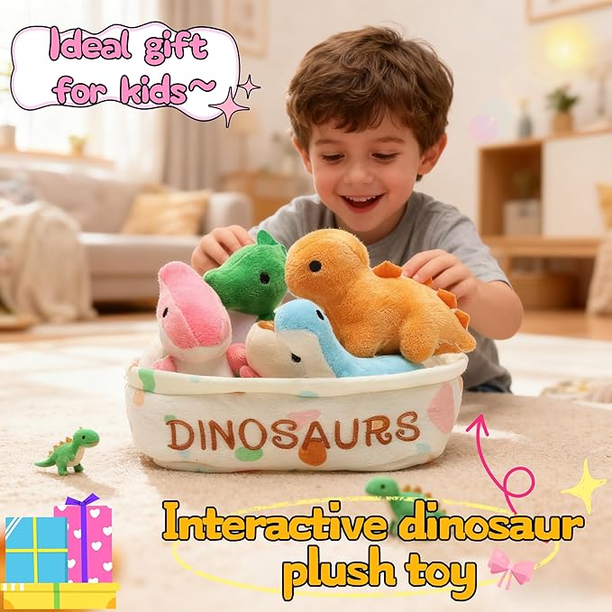 Dinosaur Plush Toy Set, 5pcs Soft Stuffed Dino Toys in Basket, 7.87in Interactive Plush Animal Figures – Birthday, Christmas, Kids Gift for Boys & Girls, Room Decor