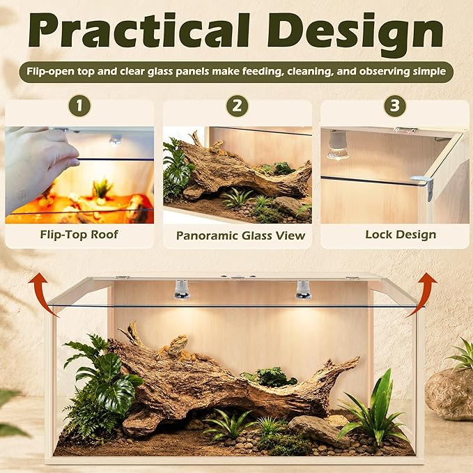 PROLEE Bearded Dragon Tank, Lizard Tank with Clear Tempered Glass Roof, Anti-Scratch Reptile Enclosure, Reptile Tank Built-in Light Fixtures with Switch (32X16X16inch,34 Gallon)