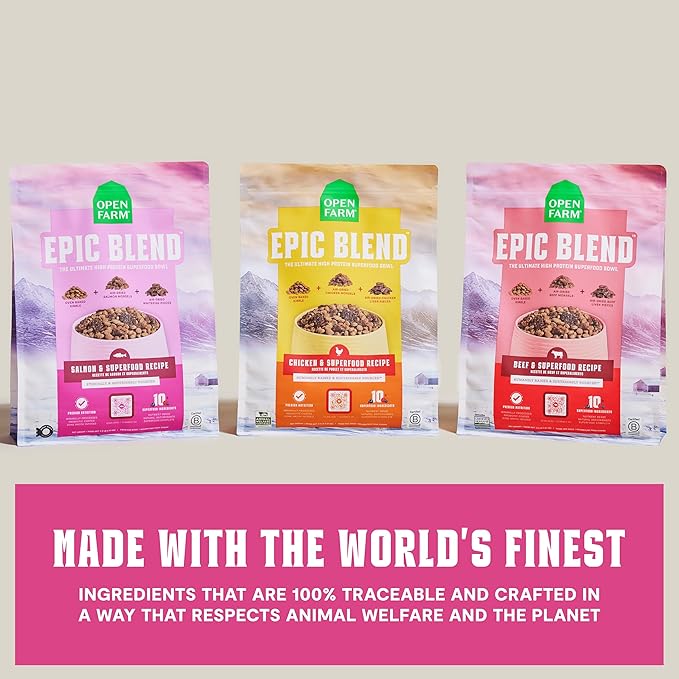 Open Farm, Epic Blend High Protein Dry Dog Food, Probiotic Coated & Bone Broth Infused Kibble with Air Dried Meat & Organs, Minimally Processed & Nutrient Dense, Salmon & Superfood Recipe, 3.5lb Bag