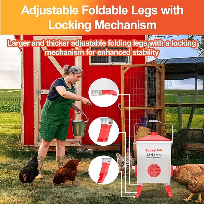ZenxyHoC 3.6 Gal Chicken Feeder with Anti-Roost Cone, 3 Height Adjustable Locking Legs and 4 No-Waste Ports for Backyard Flock