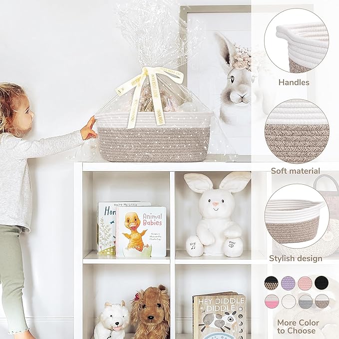 CHICVITA Gift Basket Empty to Fill, Woven Baskets for Storage, Rope Decorative Baskets with Gift Bags & Ribbon for baby girl, Dog Toy Storage, 13.6"x 10" x 6", Brown