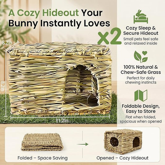 WUWEOT 2 Pack Large Grass Bunny House, Foldable Rabbit Hut, Play Hideaway Bed Hay Mat Chew Toy for Rabbit, Guinea Pigs, Gerbils, Hamster and Small Animals, 11"x8"x8"