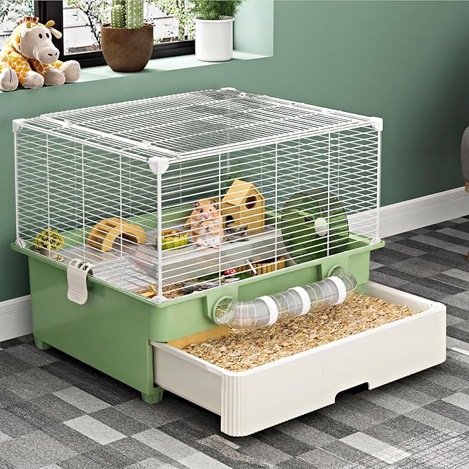 Oneluck 22.4” Chew-Proof Metal Hamster Cage, Drawer-Style with Easy Clean,Small Animal Habitats for Syrian Hamster,Gerbil, Mice(Green)