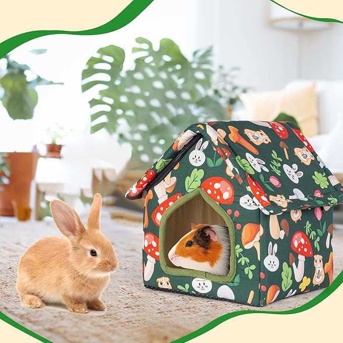 Guinea Pig Hideout, Foldable Guinea Pig House with Non-Slip Bottom & Removable Pad, Soft & Washable Bunny Bed for Hamsters Dwarf Rabbits Ferret Hedgehogs and Other Small Animals