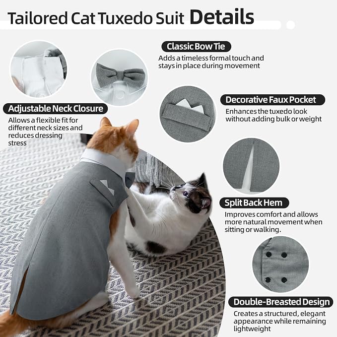 QBLEEV Cat Tuxedo Outfit with Bow Tie, Sphynx Cat Costume Formal Suit Wear | Soft breathable, stylish hairless clothes for cats only, kitten wedding birthday party shirt apparel for male boy