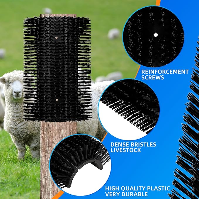 Extra Large Size Livestock Scratching Brush, Upgraded Horse/Goat/Cow/Cattle Scratcher Brush for Grooming, Itch Relief Horse Scratcher Brushes Kit with Two Sets of Mounting Screws(2-Pack,Black)