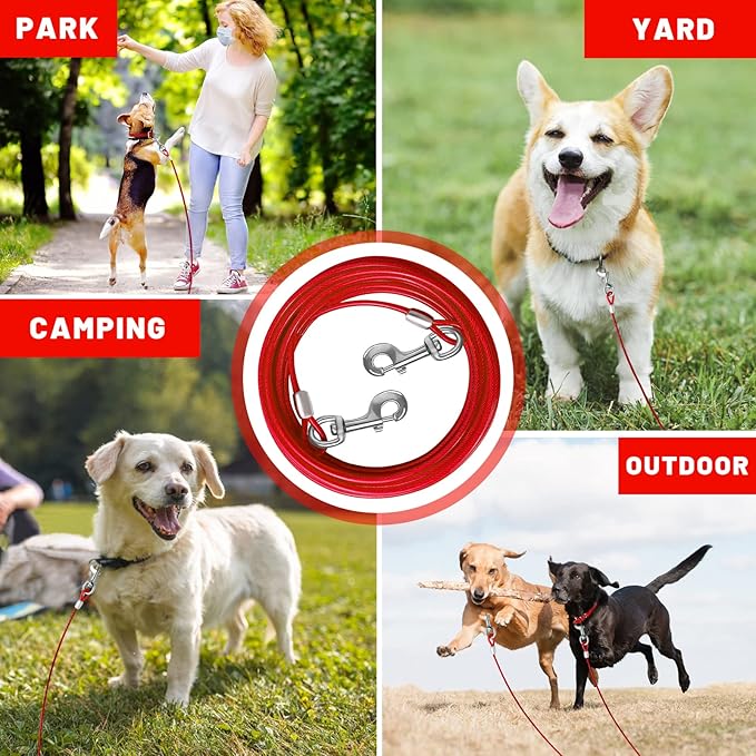 Dog Tie Out Cable 10/15/20/25/30 FT Dog Runner for Yard Steel Wire Dog Cable with Durable Superior Clips Red Dog Chains for Outside Dog Lead for Large Dogs Up to 165 lbs