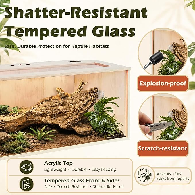 PROLEE Bearded Dragon Tank,Wooden Reptile Tank and Lizard Tank,Tempered Glass Large Bearded Dragon Enclosure with Built-in Lamp Fixture (48X20X20inch,80 Gallons)