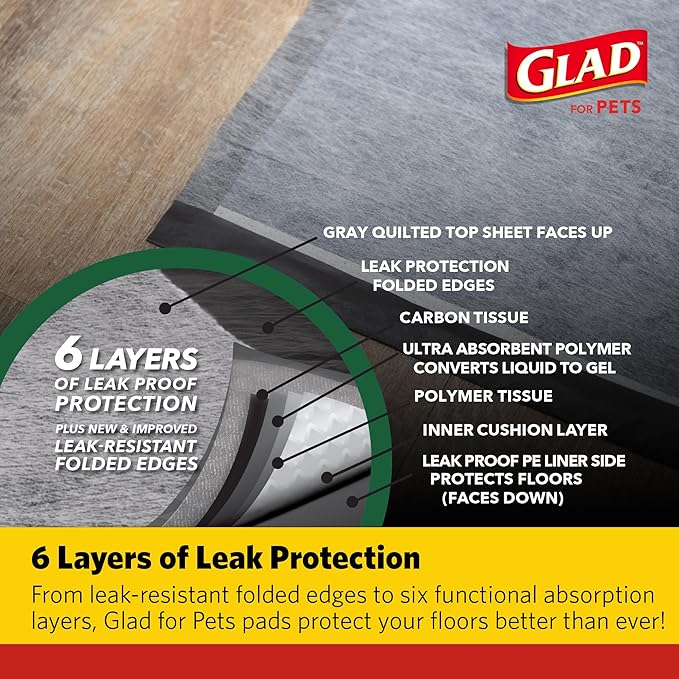 Glad for Pets Extra Large Charcoal Training Pads for Dogs and Puppies, Activated Carbon Odor Control, 6-Layer Absorbent Leak-Proof Pee Pads with Pheromone Attractant, 28 x 30 in, 30 Count - 2 Pack