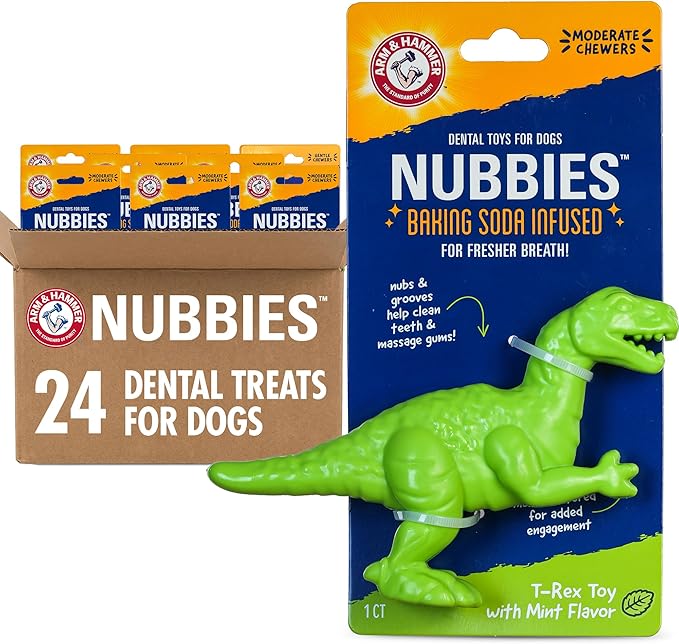 Arm & Hammer Nubbies Denta-Saurus T-Rex Dog Dental Chew Toy, Mint Flavor, for Moderate Chewers, Nylon, Reduces Plaque and Tartar Without Brushing, Baking Soda Infused - 24 Pack