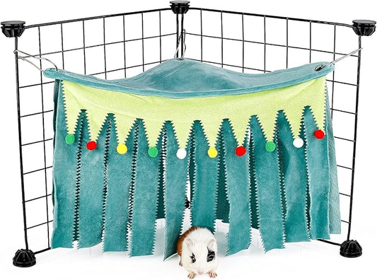 Guinea Pig Hideout - Guinea Pig Corner Hideout, Three-Sided Fringes, Triangle Top and Washable Hides, Suitable Hides for Rabbit and Other Small Pets, No Metal Fences, Green
