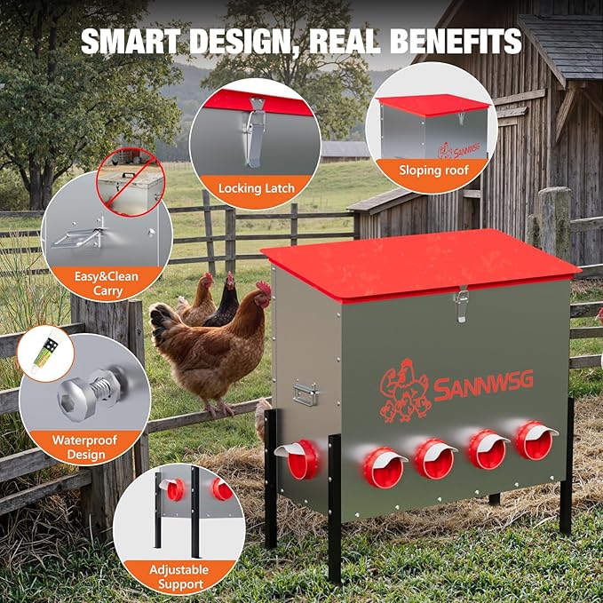 Chicken Feeders,126 lb Capacity 10 Port Automatic Chicken Feeder, Metal Chick Feeder with Locking Lid and Legs, Chicken Feeder for Chickens, Ducks, Geese