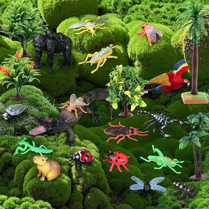 SIENON 39Pcs Realistic Rainforest Animal Figurines Set Rainforest Diorama Supplies with Gorilla Parrot Crocodile Capybara Jungle Animals Model Tree Playset for Kids School Project Birthday Decoration