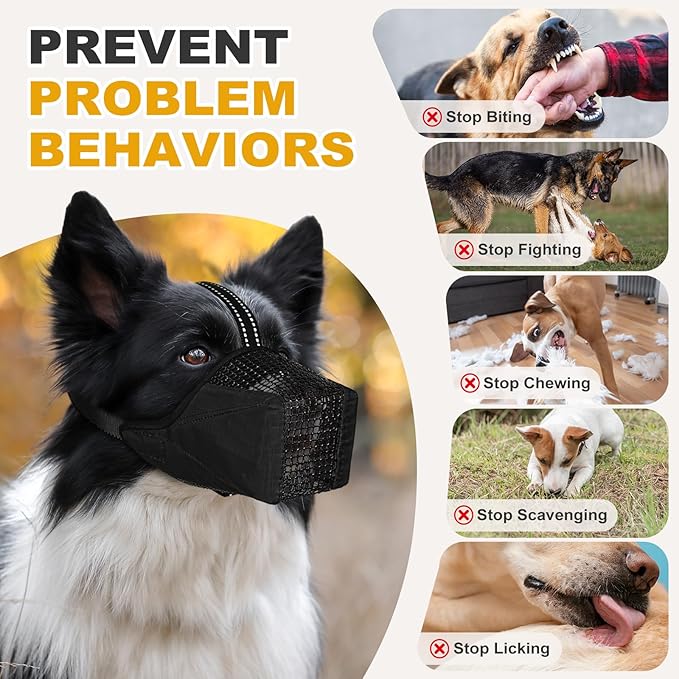 Mesh Dog Muzzle, Breathable Soft Dog Muzzle with Reflective Straps for Secure Fit, Prevents Biting, Chewing Scavenging – Adjustable for Small Medium Large Dogs,Black,S