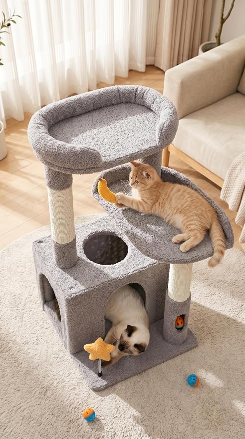 32In Cute Cat Tower for Indoor Cats with Cat Condo, Plush Platform, Hammock, Sisal Scratching Posts, Dangling Ball, Tall Cat Tree Tower with Self-Grooming Brush (Light Grey)