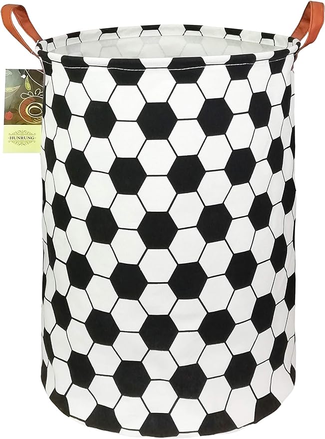 Collapsible Fabric Storage Basket, Waterproof Laundry Hamper with Handles, Round Storage Bin for Clothes Toys, Foldable Organizer for Bedroom Nursery Bathroom(Roud-Football)