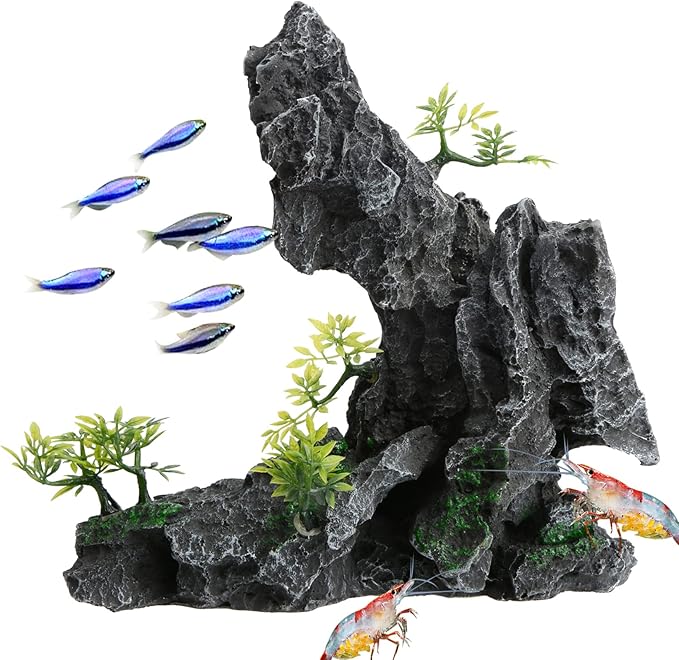 Saim Large Aquarium Mountain View Stone Ornament, Resin Rockery Fish Hiding Cave Aquarium Decoration for Amano Shrimp Cichlid to Play,Hide and Rest Fish Tank Landscape Decoration