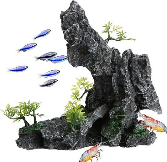 Saim Large Aquarium Mountain View Stone Ornament, Resin Rockery Fish Hiding Cave Aquarium Decoration for Amano Shrimp Cichlid to Play,Hide and Rest Fish Tank Landscape Decoration
