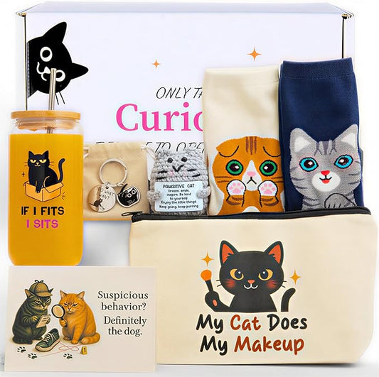 Fun Cat Mom Mothers Day Gifts Box, Cat Lover Gifts for Women, Premium Cats Themed Gifts Set for Women with Borosilicate Glass Cup Crochet Doll & Socks, Crazy Cats Lady Gift Basket for Birthday