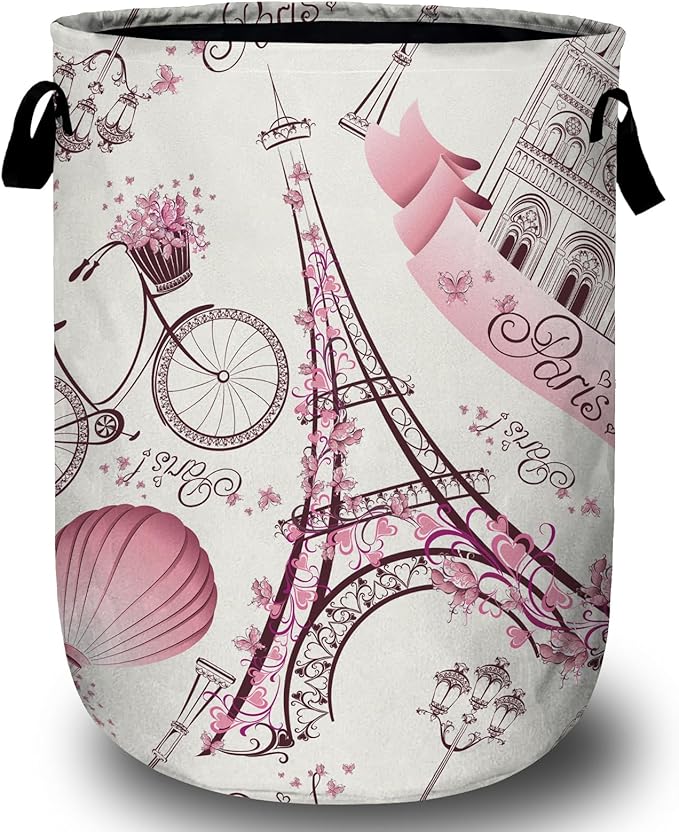 Romantic Paris Eiffel Tower Laundry Basket, Laundry Hamper Collapsible Oxford Cloth with Handle Clothes Storage Bin for Bathroom Laundry Room Bedroom 15.7 X 20 Inch