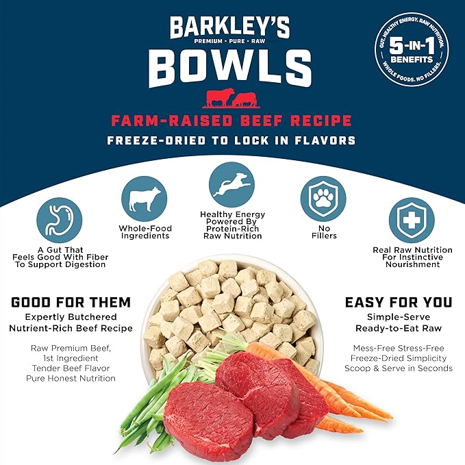 Barkley’s Bowls, Freeze-Dried Raw Beef Dog Food, Fresh Whole Food Ingredients with Farm-Raised Beef, Grain Free, High Protein for Balanced Nutrition, Dog Treats or Topper, 16 Oz Bag (6 Pack)
