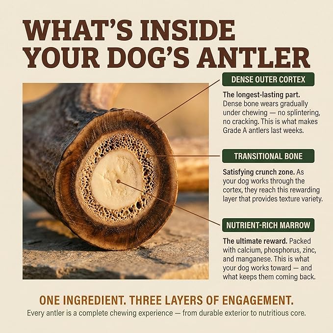 Heartland Deer Antlers for Dogs - Daily Dental Care Chews for Aggressive Chewers to Reduce Plaque & Prevent Destructive Behavior (Splinter Free, Medium, 5–6", 1-Pack, Grade A, USA Made)
