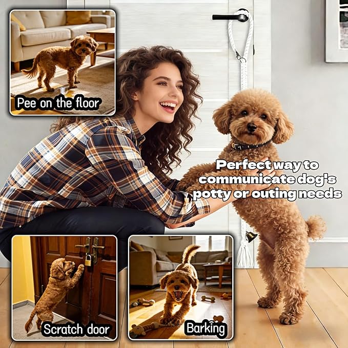 Dog Doorbell for Potty Training with 6 Extra Loud Bells - Handmade Cotton Rope Adjustable Hanging Pet Bell, Indoor/Outdoor Use for Small Medium Large Dogs (Beige/Bronze Tone)