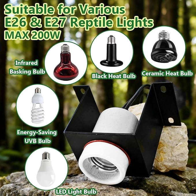 2PCS Reptile Light Fixture,Reptile Terrarium Heat Lamps Holder Bracket with Thermometer,Gecko Ceramic Heating Light Socket,Width-Increased Bearded Dragon Lamp Fixture for Lizard,Turtle,Snake