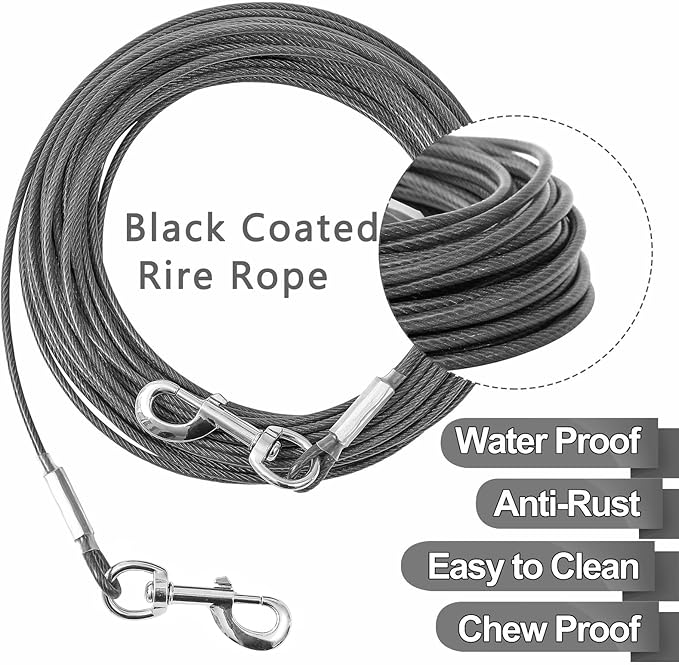 Tie Out Cable for Dogs,10/20/30/50/100FT Dog Leads for Yard Chew Proof,Heavy Duty Tie Out Cable for Large Dogs Up to 125lbs,Dog Runner Tether (Transparent Black, 125Ibs 20ft)