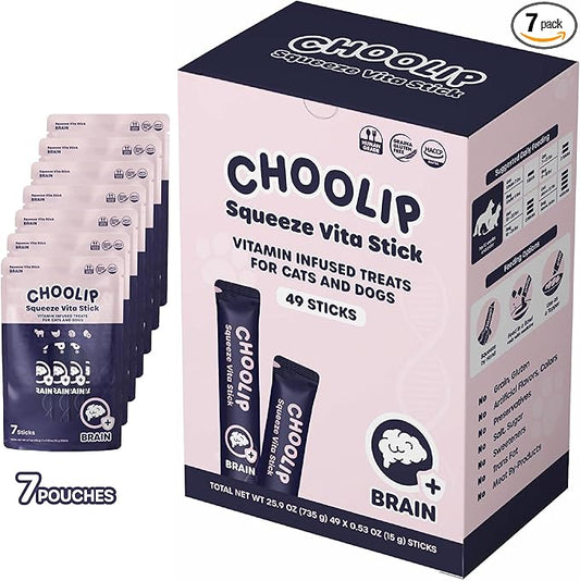 Choolip Squeeze Vita Stick Brain Support Lickable Cat and Dog Treats – 49-Count Beef and Chicken Sticks with DHA, CoQ10 & Vitamin E – Box with 7 Pouches for Brain Health