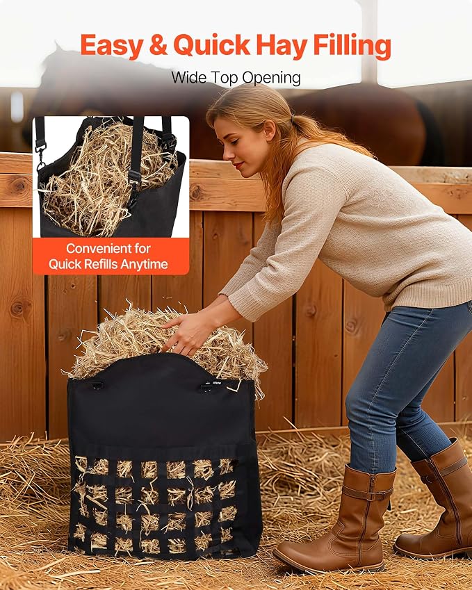 VEVOR Hay Bag for Horses, 21.65 x 7.28 x 25.2 in, 1.81 x 1.81 in Holes, Premium Nylon Construction with PVC Waterproof Coating, Adjustable Hanging Straps and Metal Hooks, Slow Feed Hay Bag for Horses