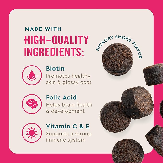 VetIQ Multivitamin Supplement for Dogs, Supports Active Brain Function, Immune System, and Digestive System, Hickory Smoke Flavored Dog Multivitamin, Made in The USA, 90 Count