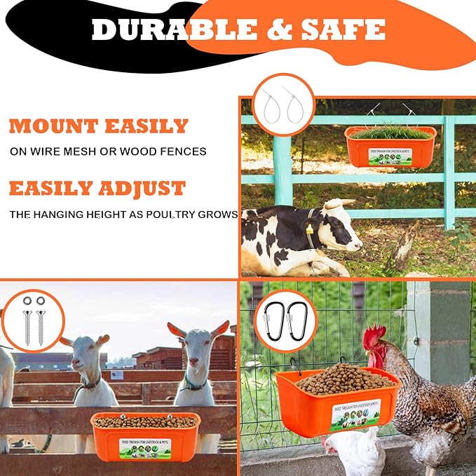 5 Pack Chicken Feeder, Duck Feeder Supplies, Hanging Fence Feed Trough with Clips for Goat, Sheeple, Piglet, Gooses, Turkeys, Dog Livestock Poultry, 8 Quarts in Total, Feed Scoop Included, Orange